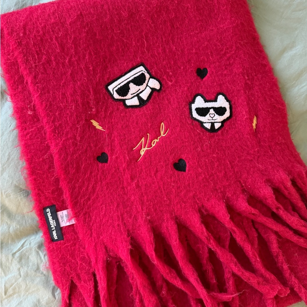 Karl Lagerfeld Red Scarf with Playful Patches